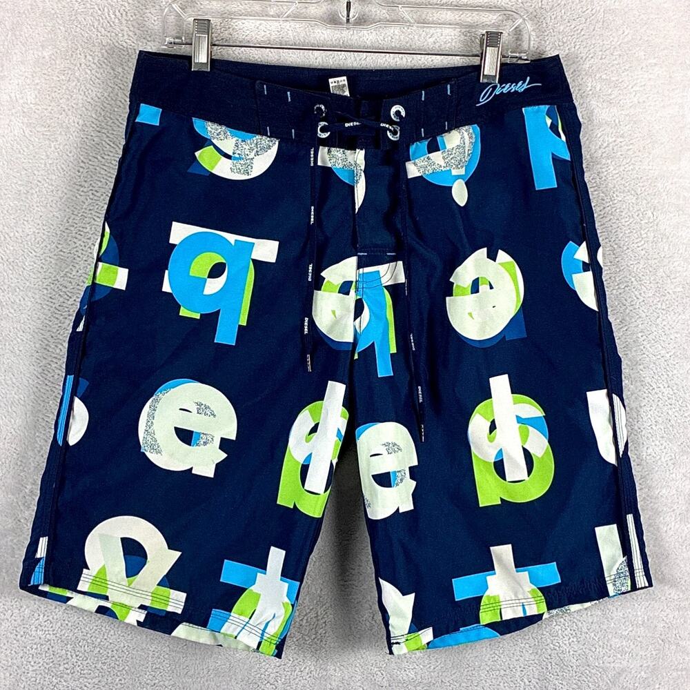VTG Diesel Swim Trunks Mens M Navy Letters AOP Drawstring Beach Outdoors Y2K